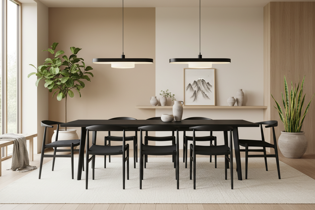 10 seater dining table black in japandi style background interior