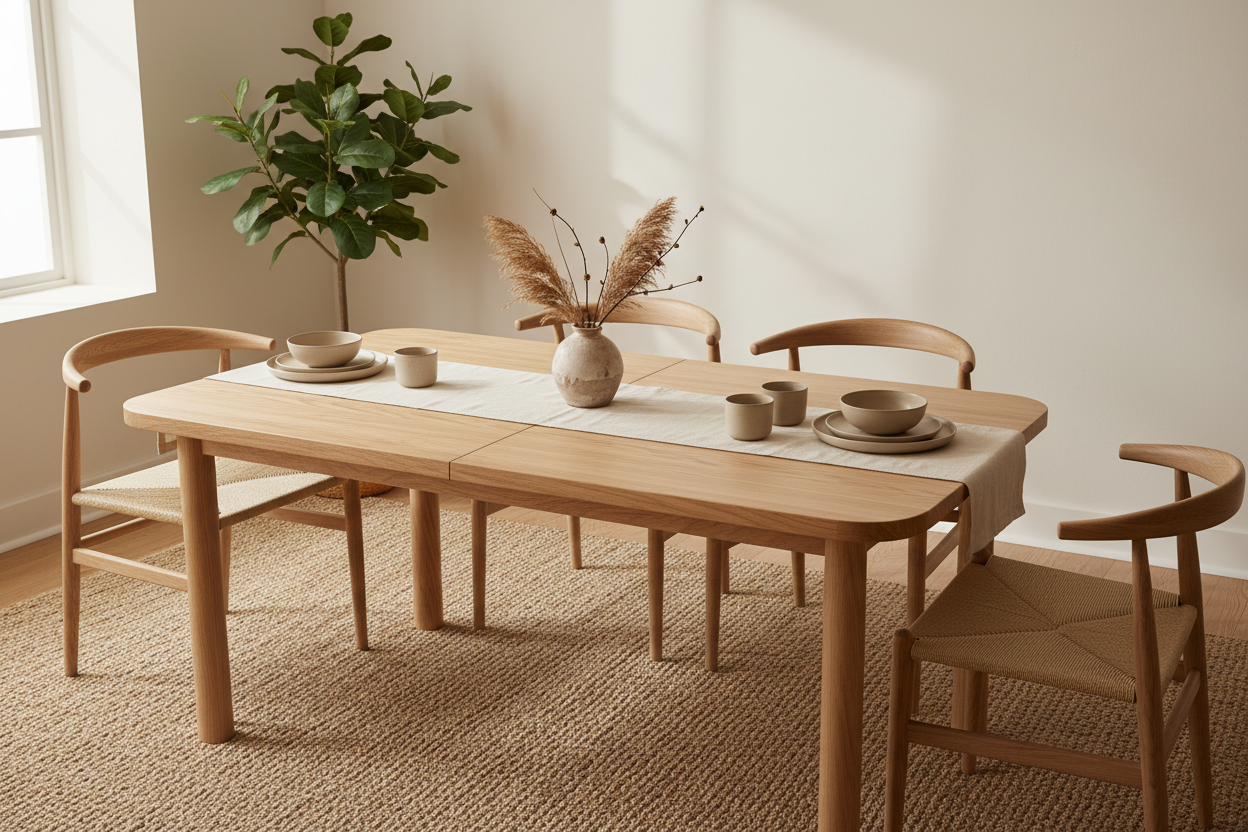 Japandi style dining table in landscape image